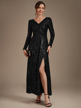 Load image into Gallery viewer, Black | One Stop Shop Plus Size Long-Sleeve Sequin V-Neck Maxi Sheath Evening Dresses-Black