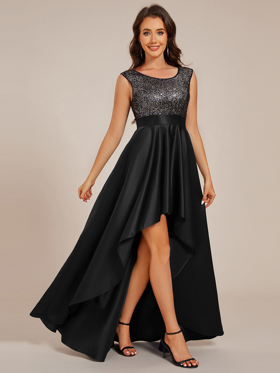 Color=Black | Elegant Round Neck Asymmetrical Hem Sequin Contrast Satin Dresses with Raglan Sleeves-Black 6