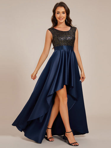 Color=Navy Blue | Elegant Round Neck Asymmetrical Hem Sequin Contrast Satin Dresses with Raglan Sleeves-Navy Blue 11