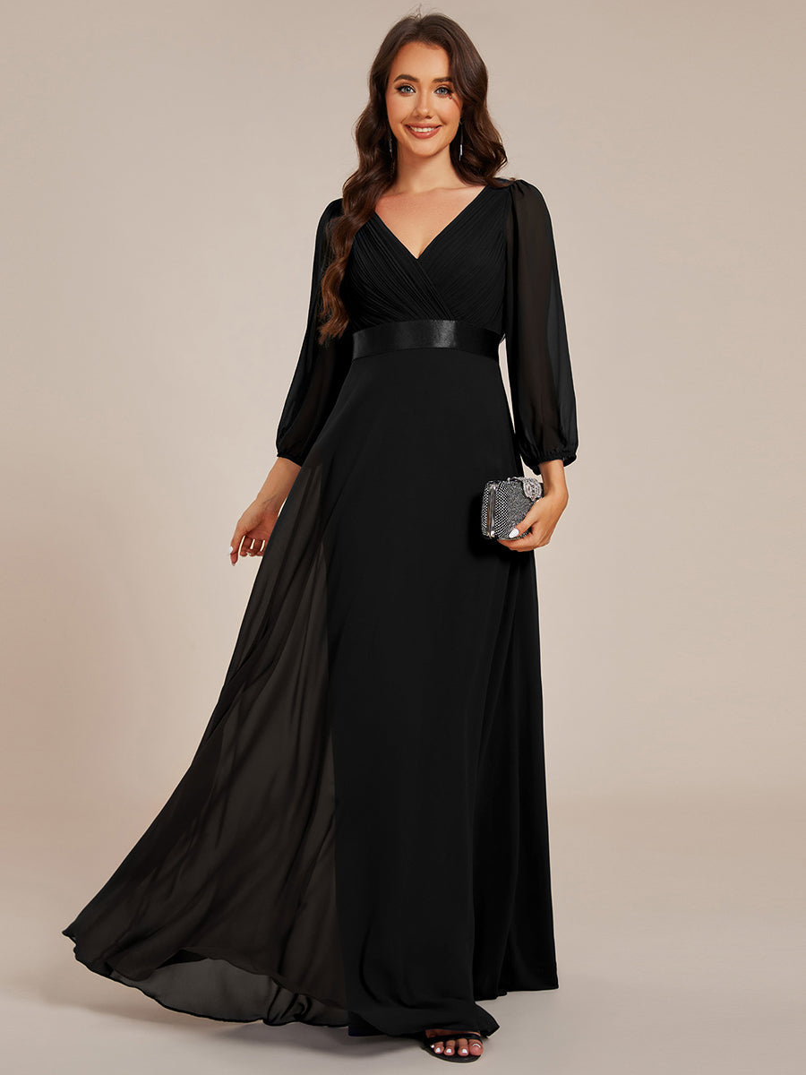 Color=Black | Classical Floor Length Long Sleeves Empire Waist Chiffon Evening Dresses-Black 1