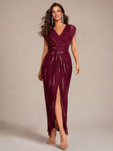 Load image into Gallery viewer, Burgundy | One Stop Shop Plus Size Short Sleeve Tulle V-Neck Bodycon Sequin Evening Dresses-Burgundy