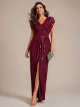 Load image into Gallery viewer, Burgundy | One Stop Shop Plus Size Short Sleeve Tulle V-Neck Bodycon Sequin Evening Dresses-Burgundy