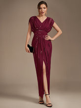 Load image into Gallery viewer, Burgundy | One Stop Shop Plus Size Short Sleeve Tulle V-Neck Bodycon Sequin Evening Dresses-Burgundy