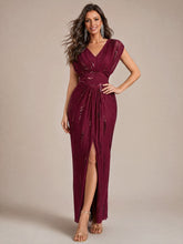 Load image into Gallery viewer, Burgundy | One Stop Shop Plus Size Short Sleeve Tulle V-Neck Bodycon Sequin Evening Dresses-Burgundy
