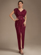 Load image into Gallery viewer, Burgundy | One Stop Shop Plus Size Short Sleeve Tulle V-Neck Bodycon Sequin Evening Dresses-Burgundy
