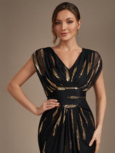 Load image into Gallery viewer, Black Gold | One Stop Shop Plus Size Short Sleeve Tulle V-Neck Bodycon Sequin Evening Dresses-Black Gold