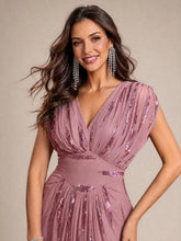Load image into Gallery viewer, Purple Orchid | One Stop Shop Plus Size Short Sleeve Tulle V-Neck Bodycon Sequin Evening Dresses-Purple Orchid