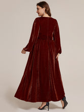 Load image into Gallery viewer, Burgundy | Factory Design Long Sleeve Puff Sleeve V-Neck A-Line High Stretch Maxi Evening Dresses