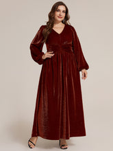 Load image into Gallery viewer, Burgundy | Factory Design Long Sleeve Puff Sleeve V-Neck A-Line High Stretch Maxi Evening Dresses