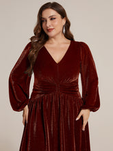 Load image into Gallery viewer, Burgundy | Factory Design Long Sleeve Puff Sleeve V-Neck A-Line High Stretch Maxi Evening Dresses