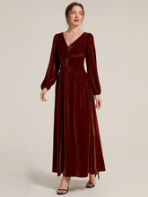 Load image into Gallery viewer, Burgundy | Factory Design Long Sleeve Puff Sleeve V-Neck A-Line High Stretch Maxi Evening Dresses