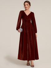 Load image into Gallery viewer, Burgundy | Factory Design Long Sleeve Puff Sleeve V-Neck A-Line High Stretch Maxi Evening Dresses