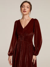 Load image into Gallery viewer, Burgundy | Factory Design Long Sleeve Puff Sleeve V-Neck A-Line High Stretch Maxi Evening Dresses