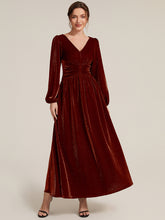 Load image into Gallery viewer, Burgundy | Factory Design Long Sleeve Puff Sleeve V-Neck A-Line High Stretch Maxi Evening Dresses