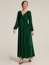 Load image into Gallery viewer, Dark Green | Factory Design Long Sleeve Puff Sleeve V-Neck A-Line High Stretch Maxi Evening Dresses