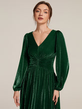 Load image into Gallery viewer, Dark Green | Factory Design Long Sleeve Puff Sleeve V-Neck A-Line High Stretch Maxi Evening Dresses