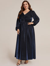 Load image into Gallery viewer, Navy Blue | Factory Design Long Sleeve Puff Sleeve V-Neck A-Line High Stretch Maxi Evening Dresses