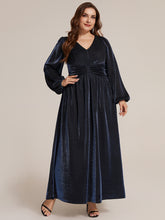 Load image into Gallery viewer, Navy Blue | Factory Design Long Sleeve Puff Sleeve V-Neck A-Line High Stretch Maxi Evening Dresses