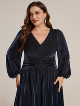 Load image into Gallery viewer, Navy Blue | Factory Design Long Sleeve Puff Sleeve V-Neck A-Line High Stretch Maxi Evening Dresses