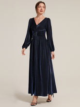 Load image into Gallery viewer, Navy Blue | Factory Design Long Sleeve Puff Sleeve V-Neck A-Line High Stretch Maxi Evening Dresses