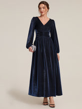 Load image into Gallery viewer, Navy Blue | Factory Design Long Sleeve Puff Sleeve V-Neck A-Line High Stretch Maxi Evening Dresses