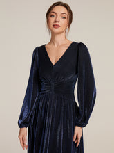 Load image into Gallery viewer, Navy Blue | Factory Design Long Sleeve Puff Sleeve V-Neck A-Line High Stretch Maxi Evening Dresses