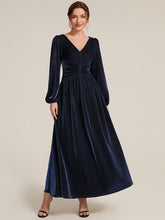 Load image into Gallery viewer, Navy Blue | Factory Design Long Sleeve Puff Sleeve V-Neck A-Line High Stretch Maxi Evening Dresses