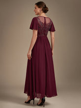 Load image into Gallery viewer, Burgundy | Wholesale Pricing Short Sleeve Ruffle A-Line Maxi Dress with Beaded Details Evening Dresses-Burgundy