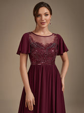Load image into Gallery viewer, Burgundy | Wholesale Pricing Short Sleeve Ruffle A-Line Maxi Dress with Beaded Details Evening Dresses-Burgundy