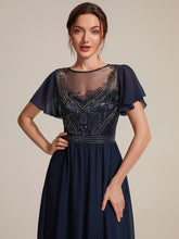 Load image into Gallery viewer, Navy Blue | Wholesale Pricing Short Sleeve Ruffle A-Line Maxi Dress with Beaded Details Evening Dresses-Navy Blue