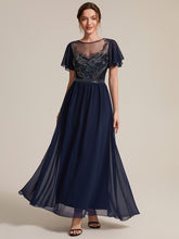 Load image into Gallery viewer, Navy Blue | Wholesale Pricing Short Sleeve Ruffle A-Line Maxi Dress with Beaded Details Evening Dresses-Navy Blue