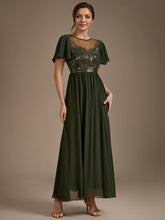 Load image into Gallery viewer, Olive Green | Wholesale Pricing Short Sleeve Ruffle A-Line Maxi Dress with Beaded Details Evening Dresses-Olive Green
