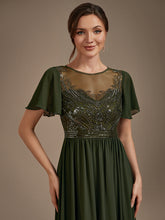 Load image into Gallery viewer, Olive Green | Wholesale Pricing Short Sleeve Ruffle A-Line Maxi Dress with Beaded Details Evening Dresses-Olive Green