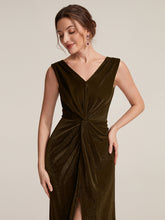 Load image into Gallery viewer, Brown | Factory Design Sleeveless High Stretch V-Neck Sheath Maxi Dress with Knot Detail; Evening Dresses