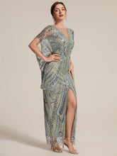 Load image into Gallery viewer, Mint Green | Industrial Use Plus Size Short Sleeve Tulle Sheath Round Neck Slit Evening Dresses-Mint Green