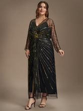Load image into Gallery viewer, Black Gold | Volume Discounts Long Sleeve Sheath V-Neck High Stretch Maxi Evening Dresses with Slit &amp; Beading