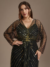 Load image into Gallery viewer, Black Gold | Volume Discounts Long Sleeve Sheath V-Neck High Stretch Maxi Evening Dresses with Slit &amp; Beading