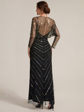 Load image into Gallery viewer, Black Gold | Volume Discounts Long Sleeve Sheath V-Neck High Stretch Maxi Evening Dresses with Slit &amp; Beading