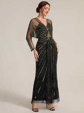 Load image into Gallery viewer, Black Gold | Volume Discounts Long Sleeve Sheath V-Neck High Stretch Maxi Evening Dresses with Slit &amp; Beading