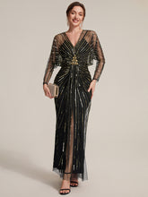 Load image into Gallery viewer, Black Gold | Volume Discounts Long Sleeve Sheath V-Neck High Stretch Maxi Evening Dresses with Slit &amp; Beading