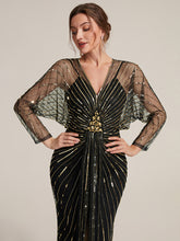 Load image into Gallery viewer, Black Gold | Volume Discounts Long Sleeve Sheath V-Neck High Stretch Maxi Evening Dresses with Slit &amp; Beading