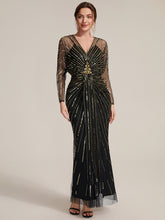 Load image into Gallery viewer, Black Gold | Volume Discounts Long Sleeve Sheath V-Neck High Stretch Maxi Evening Dresses with Slit &amp; Beading