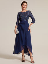 Load image into Gallery viewer, Navy Blue | Volume Discounts Three-Quarter Sleeve Ruffled Asymmetrical High-Low Evening Dresses