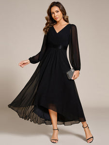 Color=Black | Classical Lantern Sleeve Pleated Decoration Chiffon Evening Dress with Asymmetrical Hem-Black 4