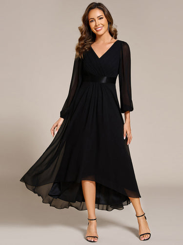 Color=Black | Classical Lantern Sleeve Pleated Decoration Chiffon Evening Dress with Asymmetrical Hem-Black 1