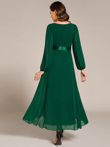 Color=Dark Green | Classical Lantern Sleeve Pleated Decoration Chiffon Evening Dress with Asymmetrical Hem-Dark Green 8