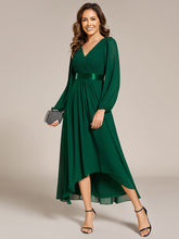 Load image into Gallery viewer, Color=Dark Green | Classical Lantern Sleeve Pleated Decoration Chiffon Evening Dress with Asymmetrical Hem-Dark Green 9