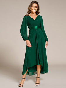 Color=Dark Green | Classical Lantern Sleeve Pleated Decoration Chiffon Evening Dress with Asymmetrical Hem-Dark Green 10