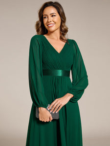 Color=Dark Green | Classical Lantern Sleeve Pleated Decoration Chiffon Evening Dress with Asymmetrical Hem-Dark Green 11