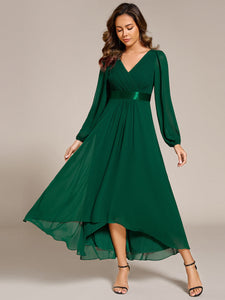 Color=Dark Green | Classical Lantern Sleeve Pleated Decoration Chiffon Evening Dress with Asymmetrical Hem-Dark Green 7